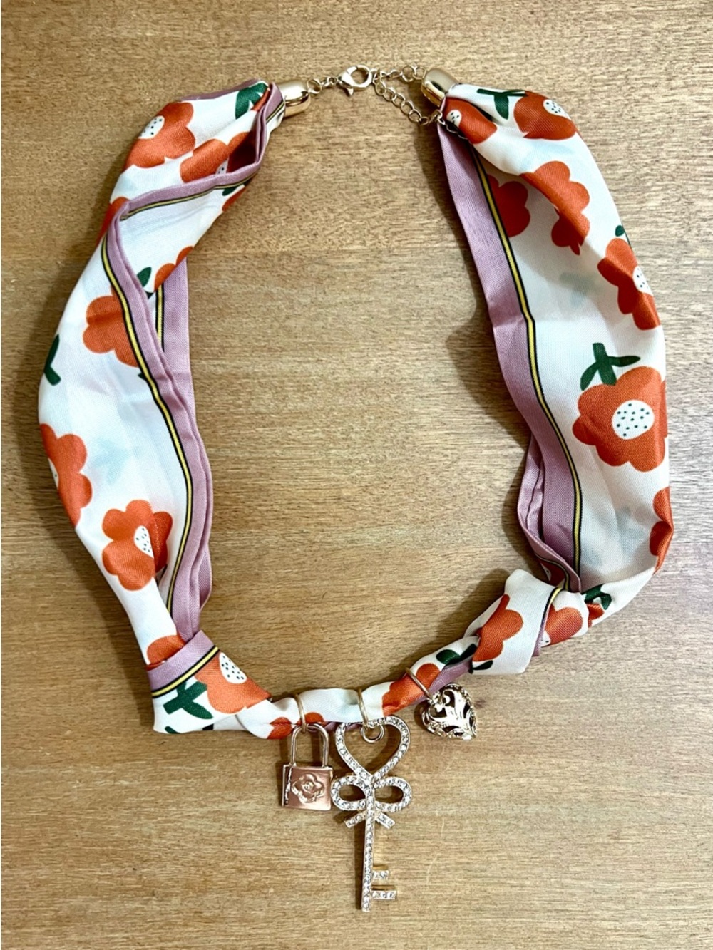 Floral Scarf Necklace with Gold Key & Charm Accents